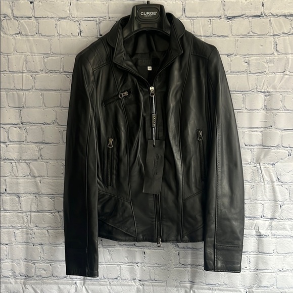 Italian Black Leather Zip Up Jacket‎ Made by CURGÈ size Woman LG or EU 46 NWT W6 - Picture 1 of 10